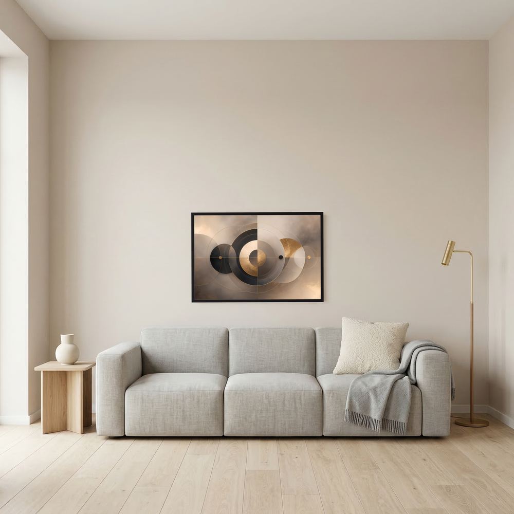 Gerahmtes Poster mit abstrakten Kreisen in Beige, Gold und Schwarz, schwarzer Rahmen