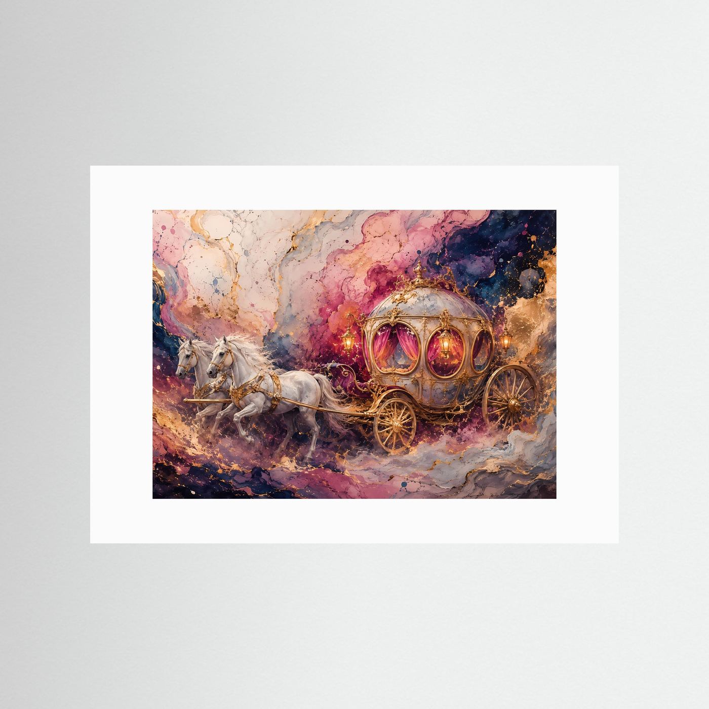 Märchenhafte Kutsche mit weißen Pferden | Fantasy Kunst in Rosa & Gold