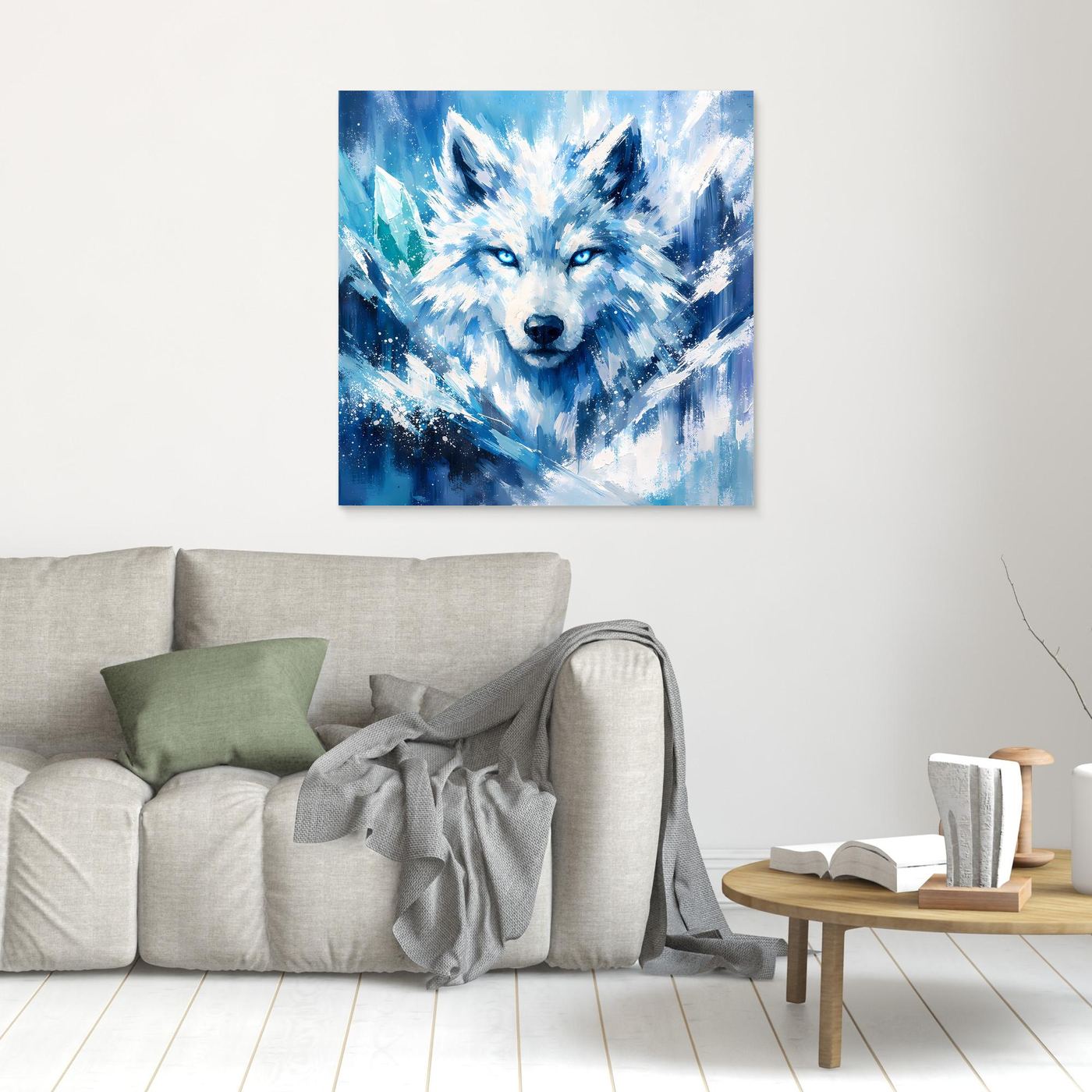 Kleines Leinwand-Wandbild mit Eiswolf im Blizzard, hell umrandet