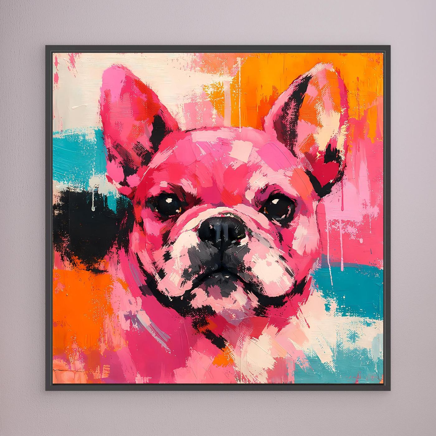 Abstract French bulldog portrait painting in pink, orange, teal, and black; dark frame