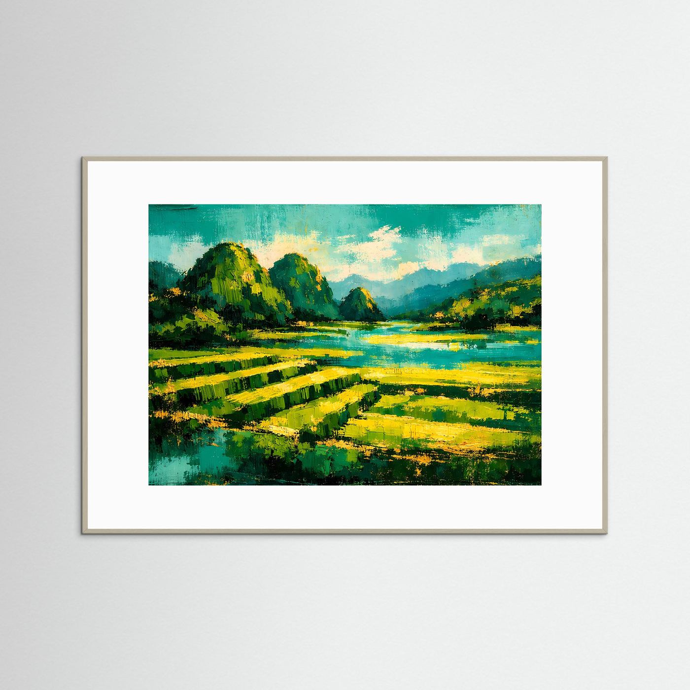 Naturposter mit türkisfarbenem Fluss und grünen Reisterrassen, grauer Rahmen