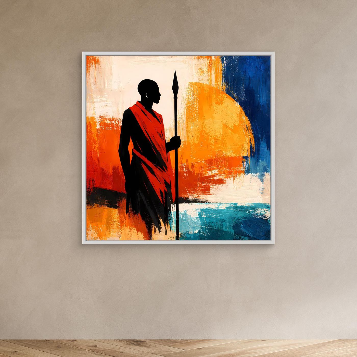 Leinwand Afrikanischer Krieger bei Sonnenuntergang | Modernes Ethno Silhouette Wandbild