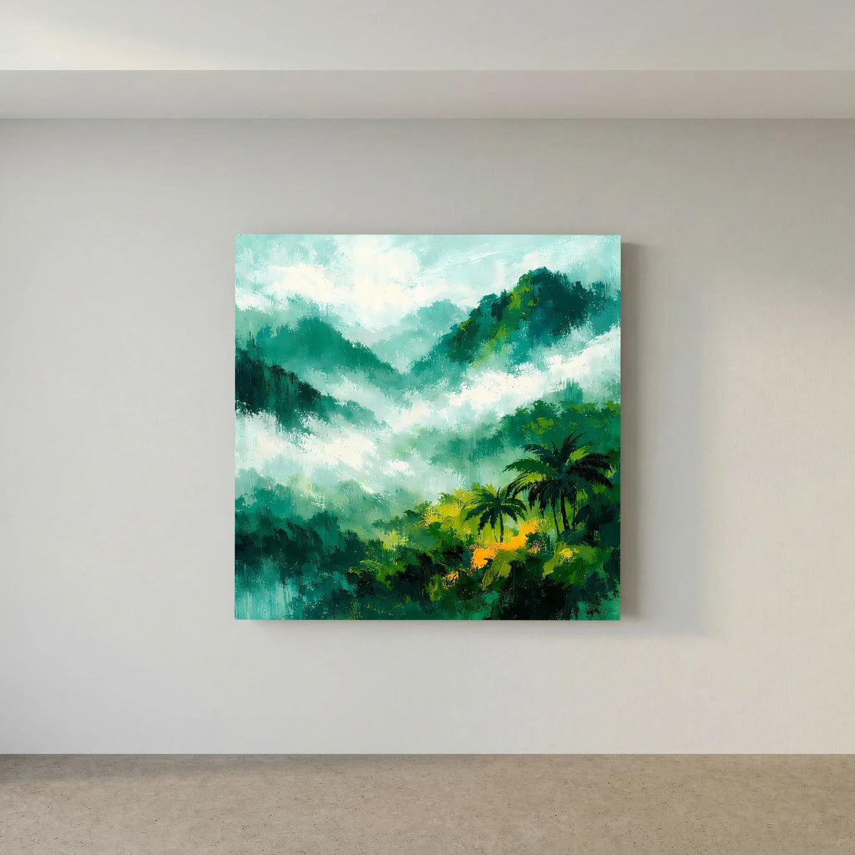 Leinwand-Wandbild mit grünem Dschungelgebirge, Palmen und nebliger Wolkenlandschaft