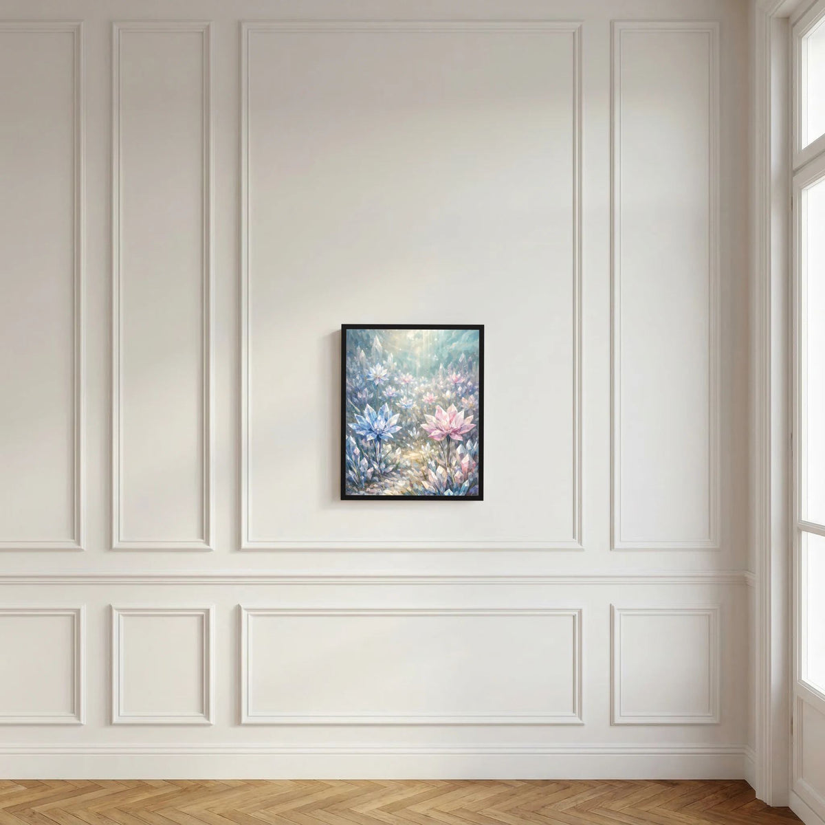 Gerahmtes Hochformat-Poster mit pastellfarbenen Kristallblüten in Blau und Rosa
