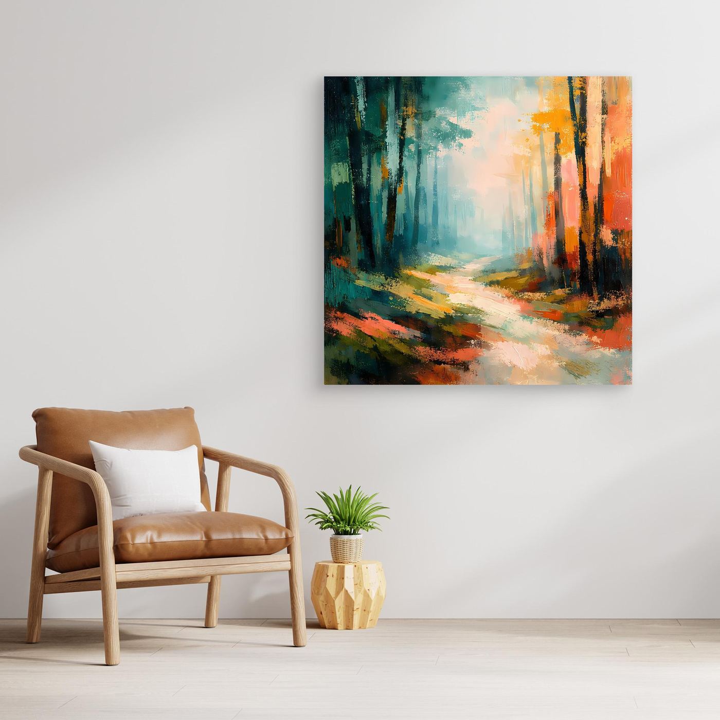 Leinwand-Wandbild mit abstraktem Waldweg im Herbst, rechteckig an der Wand