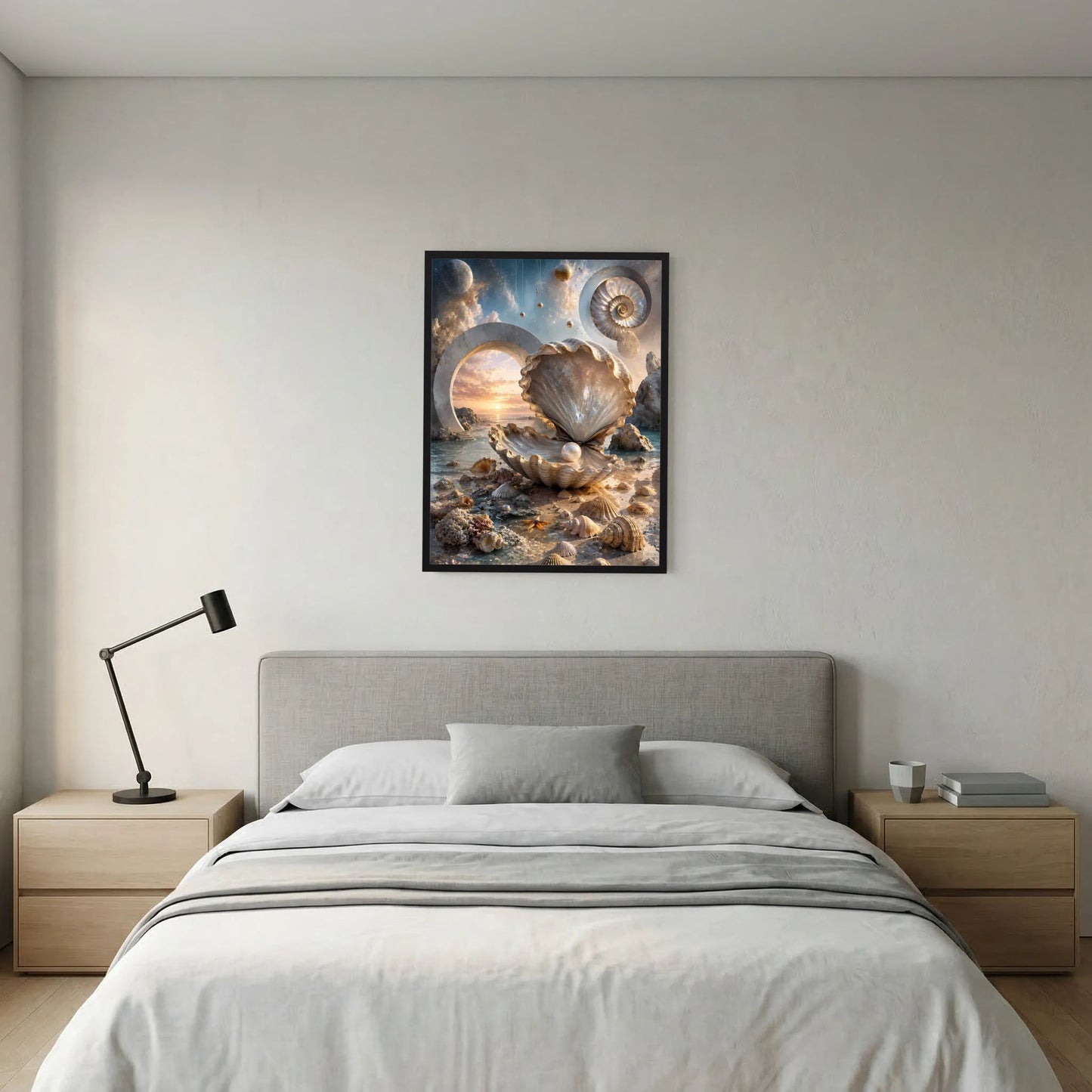 Poster mit Perlmutt-Muschel und Perle, Wasser- und Sandlandschaft in Creme und Gold