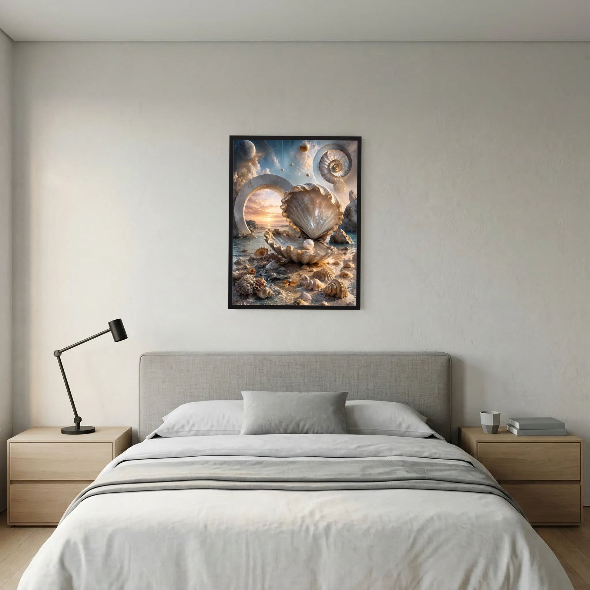 Poster mit Perlmutt-Muschel und Perle, Wasser- und Sandlandschaft in Creme und Gold