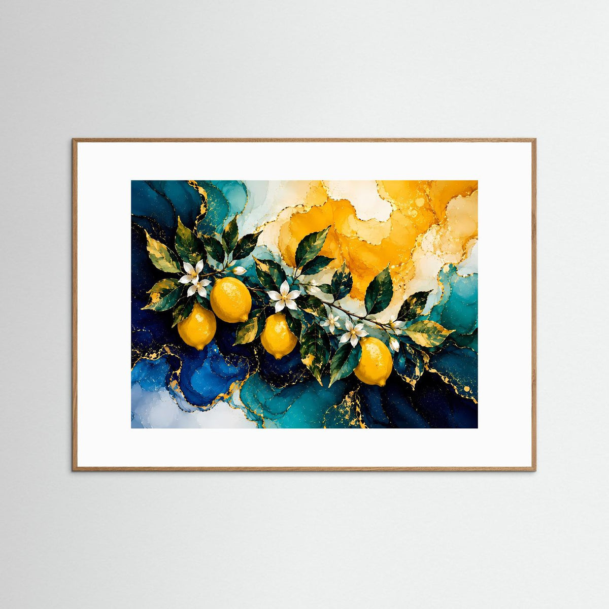 Querformat-Poster im braunen Holzrahmen mit abstrakter Botanik: goldene Blüten und blaue Blätter
