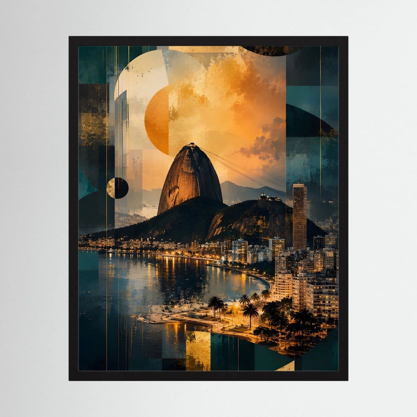 Hochformatiges Poster mit schwarzem Rahmen, abstrakte Rio-Skyline in Petrol und Gold