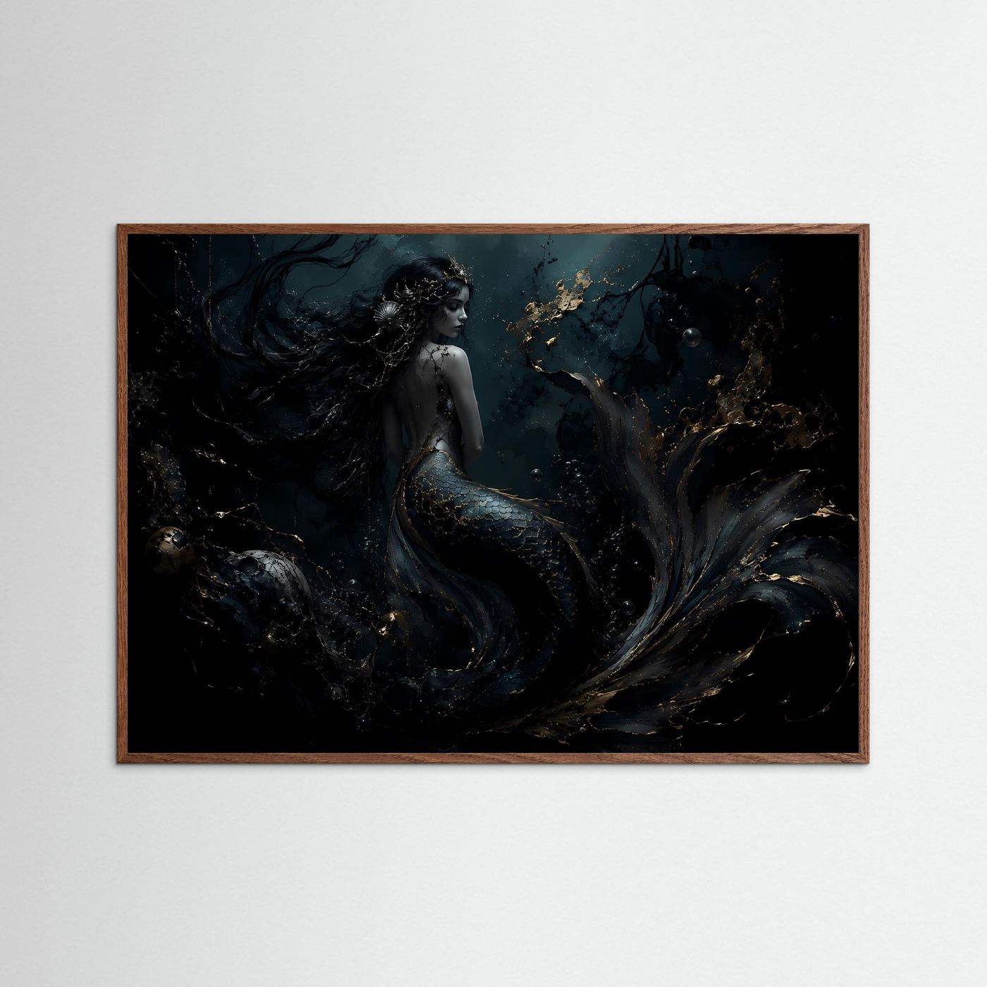 Meerjungfrau Poster | Mystische Unterwasser Kunst | Dunkle Fantasy Wanddeko | Gold Schwarz Leinwandbild | Elegante Meereskunst