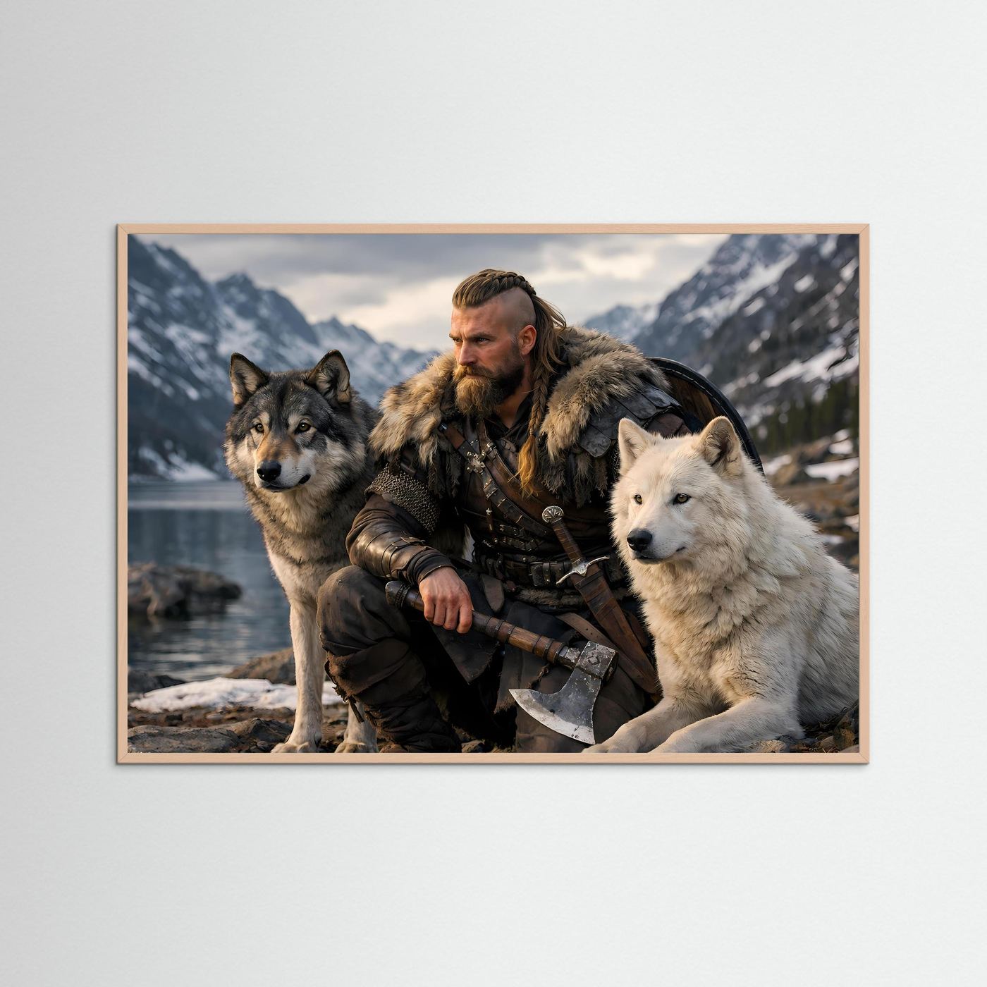 Poster im Querformat: Wikingerkrieger mit zwei Wölfen, brauner Rahmen