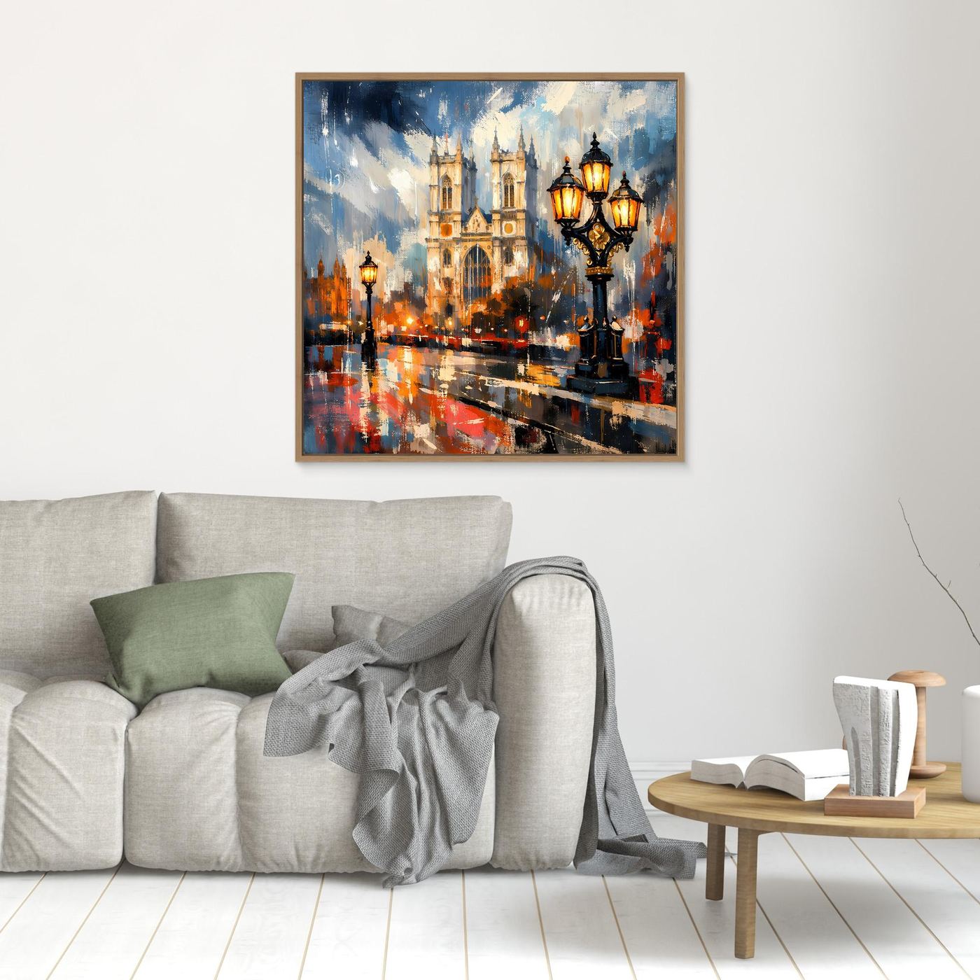 Abstraktes Wandbild mit Kathedrale und Laternen, goldfarbener Rahmen an der Wand