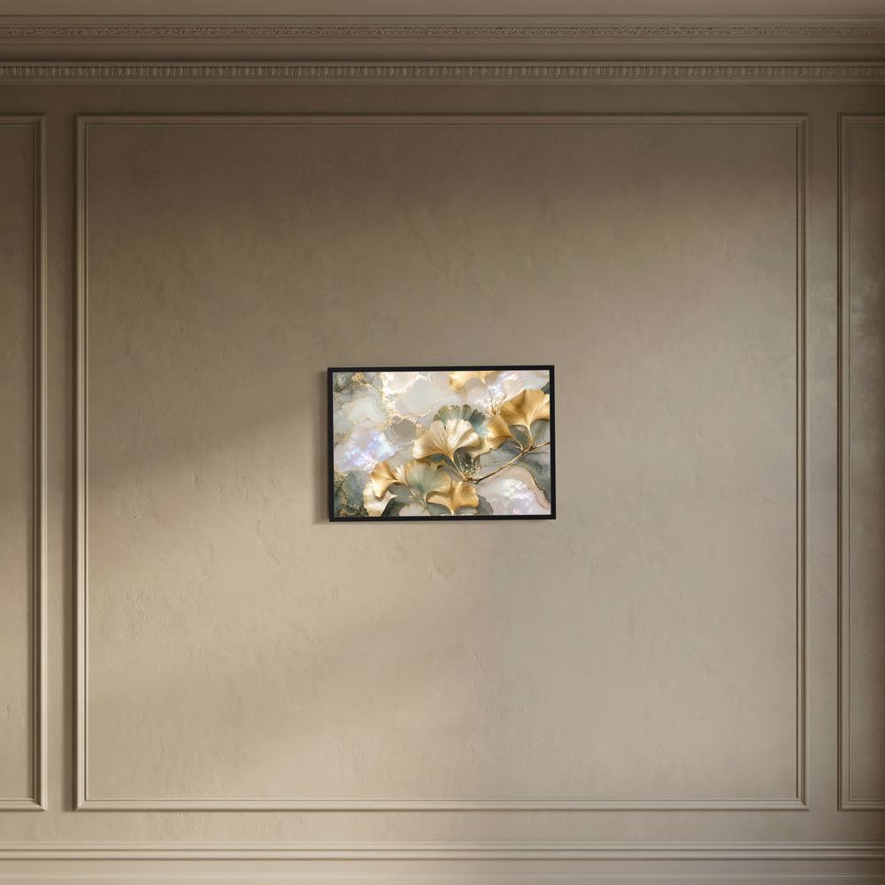 Gerahmtes botanisches Ginkgo-Poster mit goldenen Blättern und perlmuttartigem Glanz