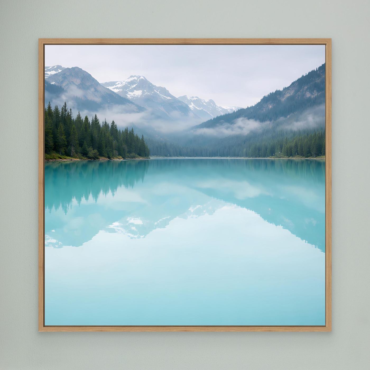Leinwandbild mit türkisfarbenem Bergsee und Spiegelung im hellen Holzrahmen