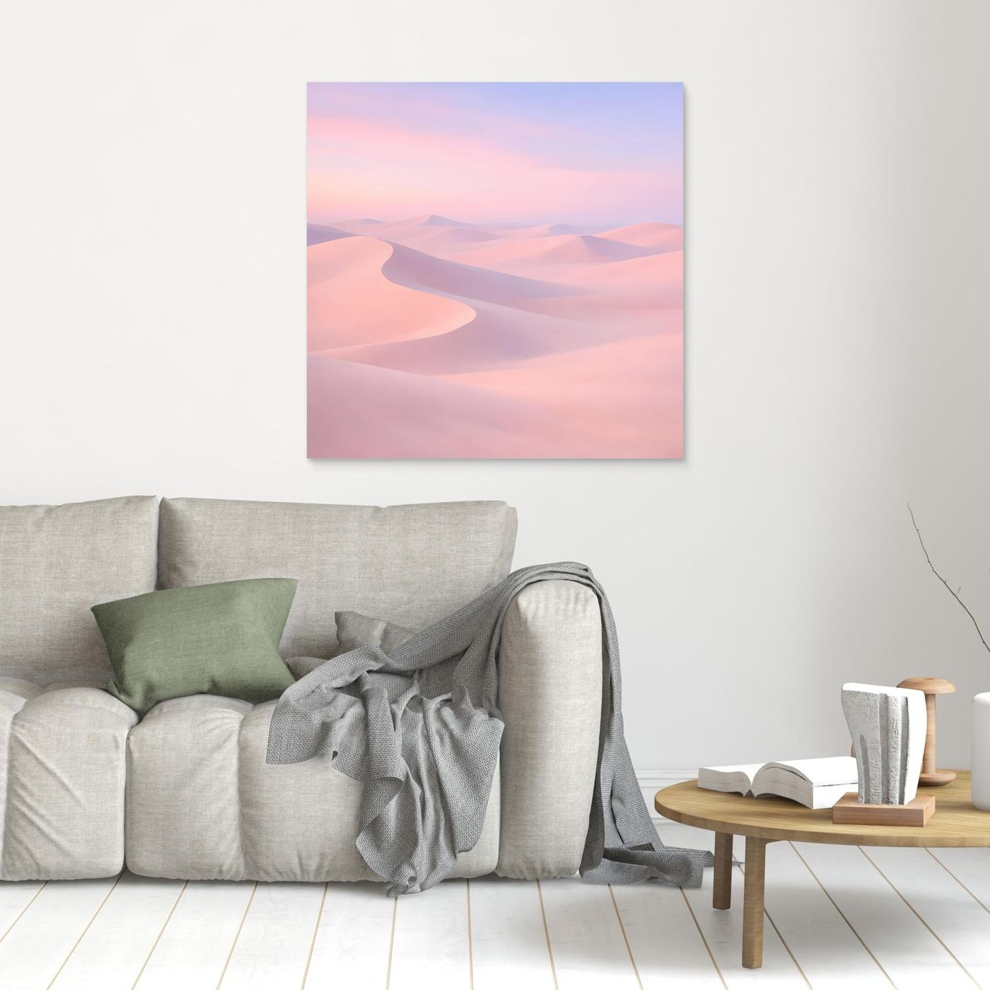 Quadratisches Leinwandbild mit Pastell-Wüstendünen in Rosa und Flieder, weißer Rahmen