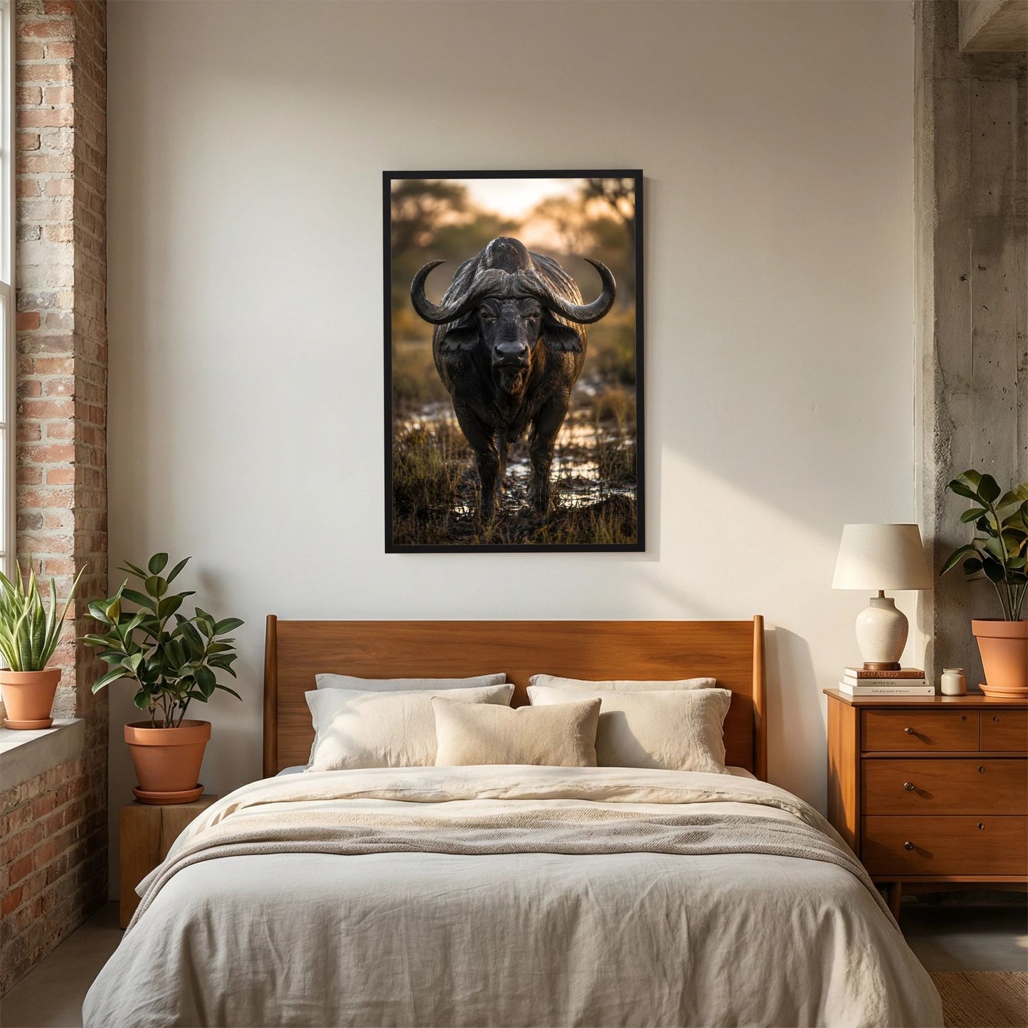 Tierposter mit Kaffernbüffel, schwarzer Rahmen, Hochformat im Schlafzimmer