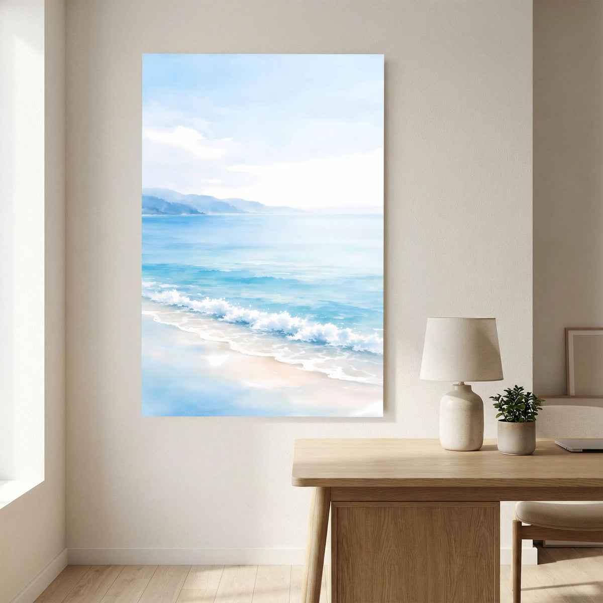 Wandbild mit Strand und türkisblauem Meer, vertikal, ohne Rahmen
