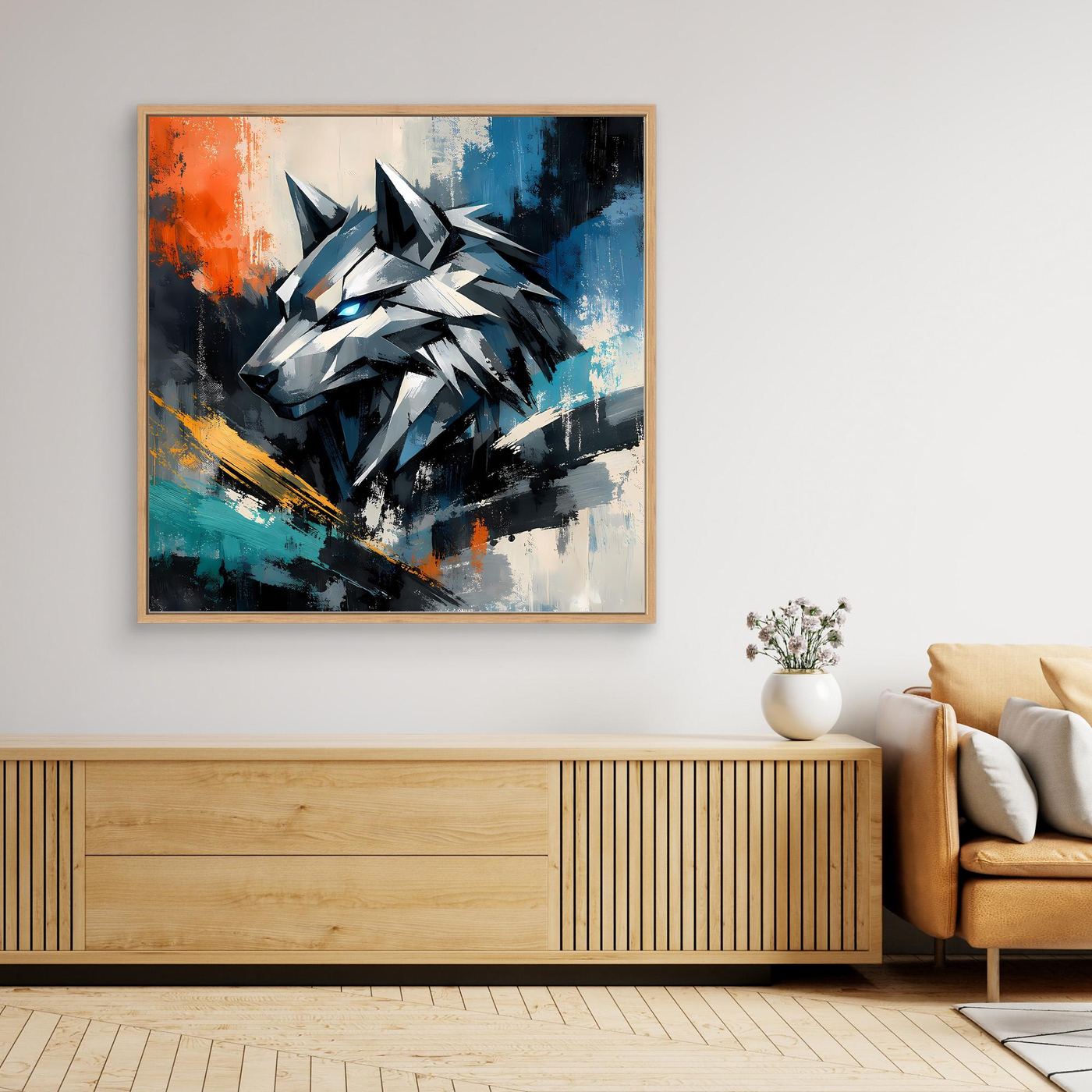 Gerahmtes Leinwandbild mit geometrischem Cyber-Wolf, Mecha-Abstrakt in Blau und Orange
