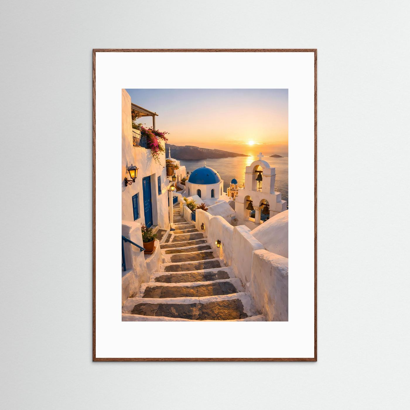 Leinwandbild Sonnenuntergang Santorini: Treppe, weiß-blaue Häuser im braunem Holzrahmen