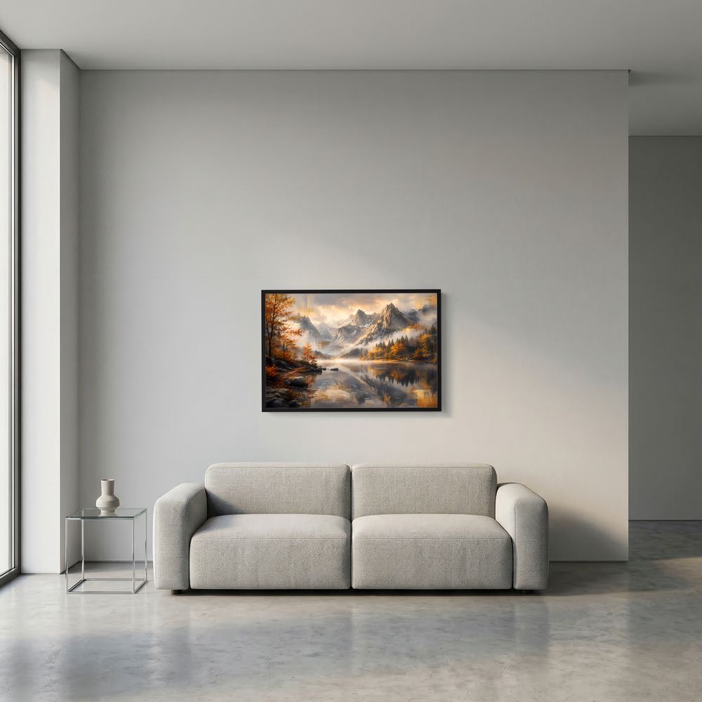 Kleines Wandposter im schwarzen Rahmen mit Bergsee-Landschaft