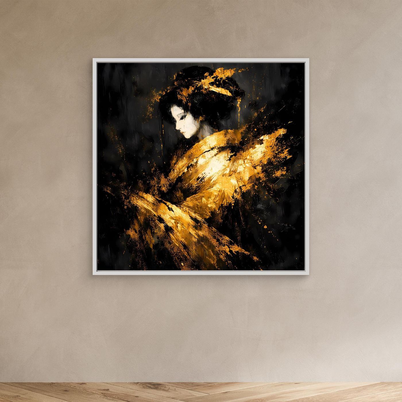 Leinwand Elegante Goldene Geisha | Abstraktes Asiatisches Wandbild