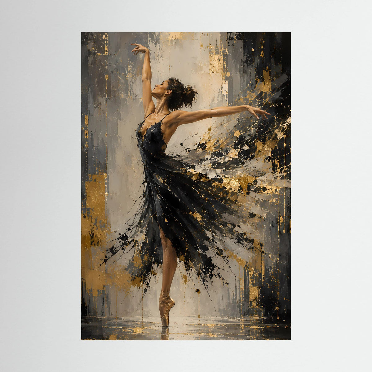 Hochformatiges Kunstposter: Ballerina im schwarzen Tutu mit goldenen Farbspritzern