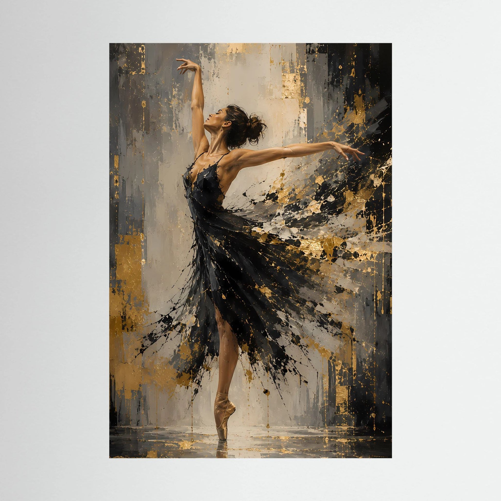 Hochformatiges Kunstposter: Ballerina im schwarzen Tutu mit goldenen Farbspritzern
