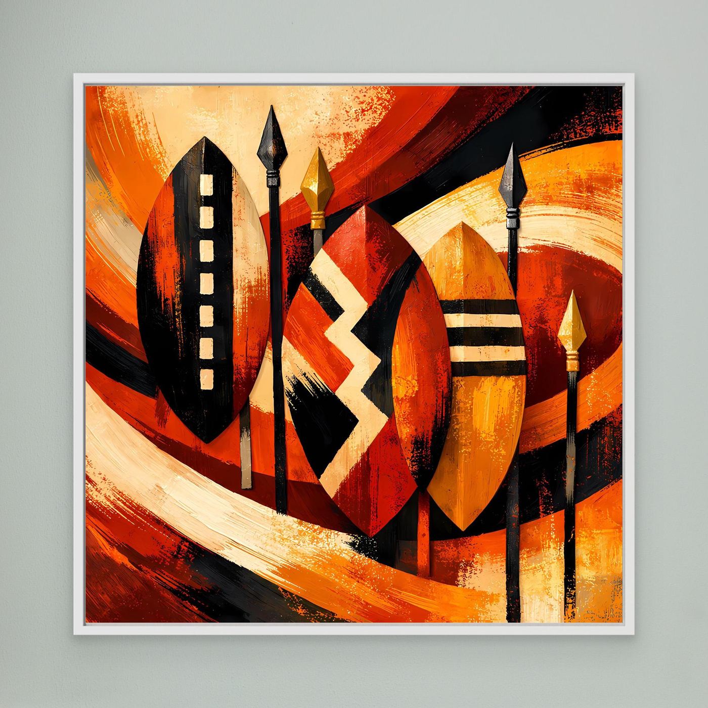 Leinwandbild mit afrikanischen Schild- und Speermotiven in warmem Orange, im weißen Rahmen