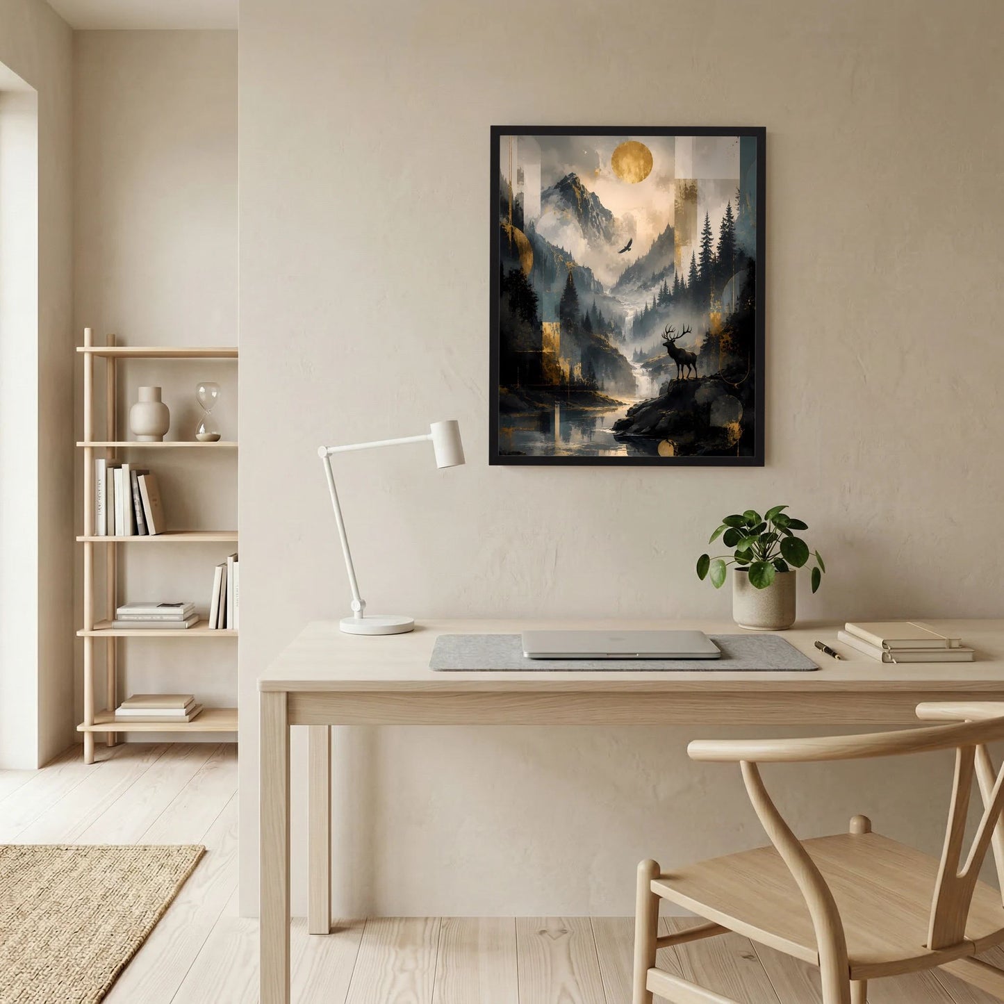 Gerahmtes Poster mit Hirsch, Bergseen-Landschaft, goldener Sonne und Tannenwald