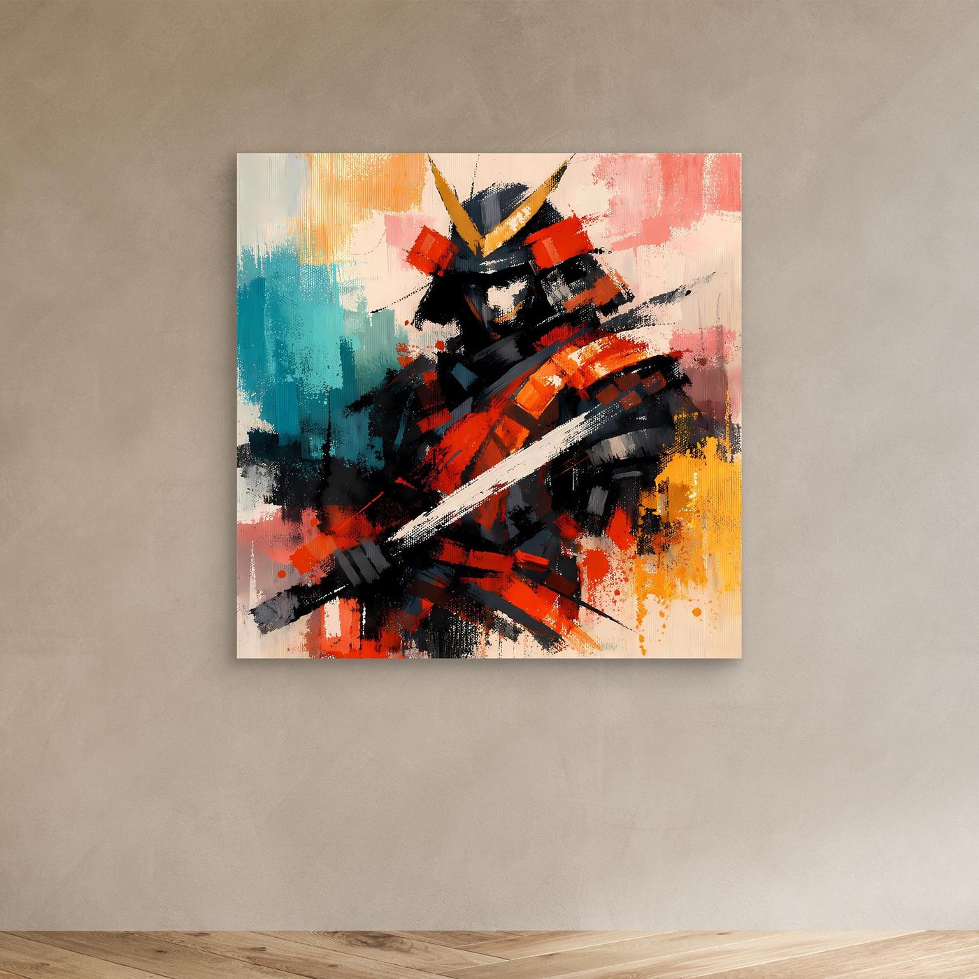 Leinwandbild ohne Rahmen: abstrakter Samurai-Krieger, schwarze Helmform, Schwert in Rot/Blau