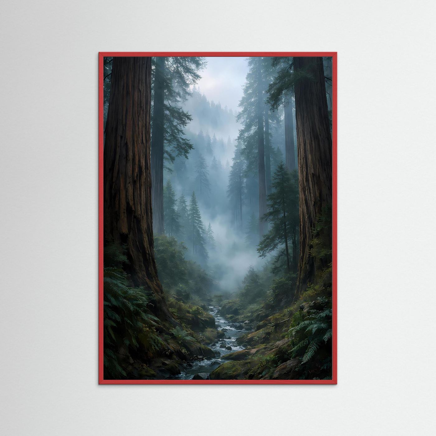 Poster mit Waldlandschaft im Nebel, dunkle Baumstämme, grüne Farbtöne, roter Rahmen