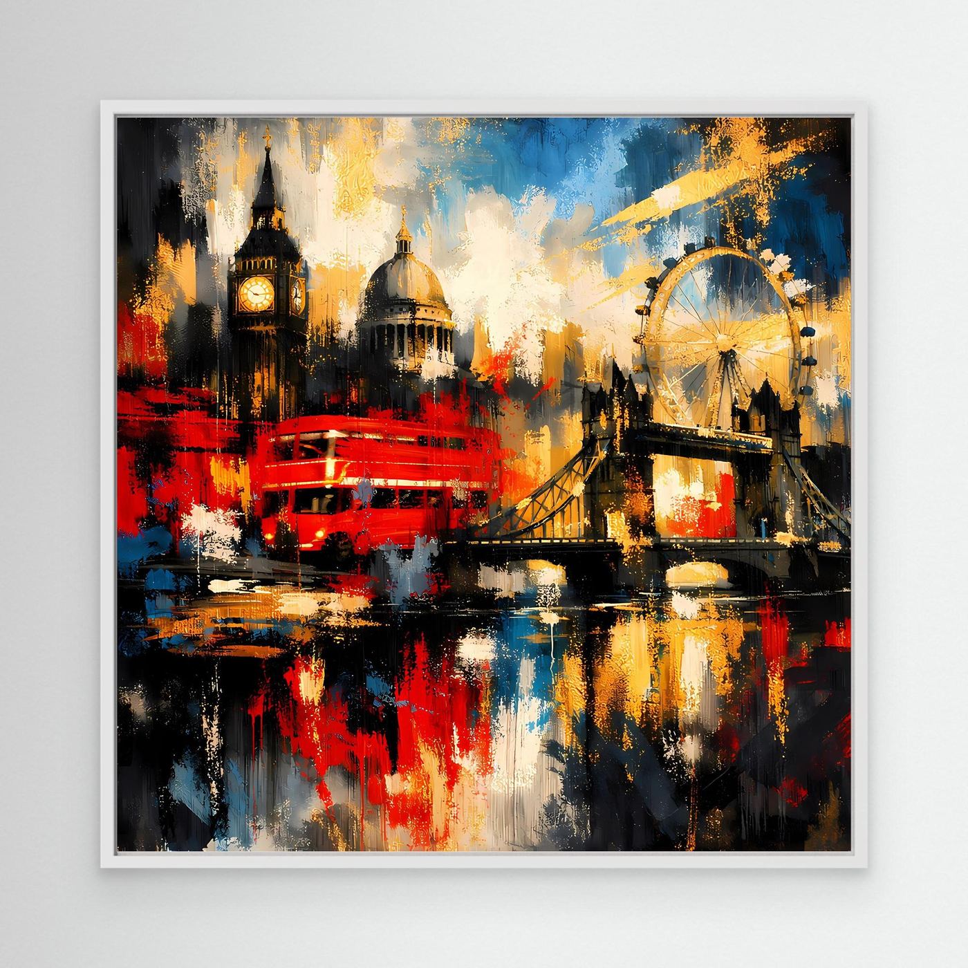 Leinwandbild abstrakte London-Skyline, bunt mit rotem Bus und Riesenrad, silberfarbener Rahmen