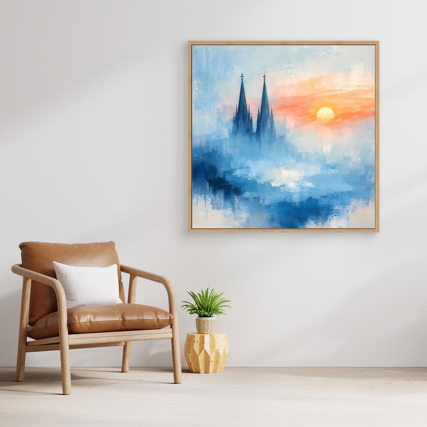 Kölner Dom Silhouette in Nebelblau | Moderne Abstrakte Leinwand mit Sonnenaufgang