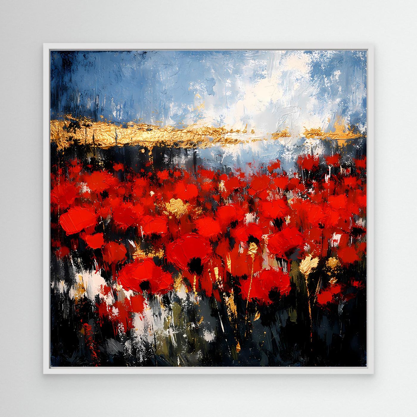 Abstraktes Wandbild mit roter Blütenlandschaft, blauem Himmel und goldener Horizontlinie im weißen Rahmen