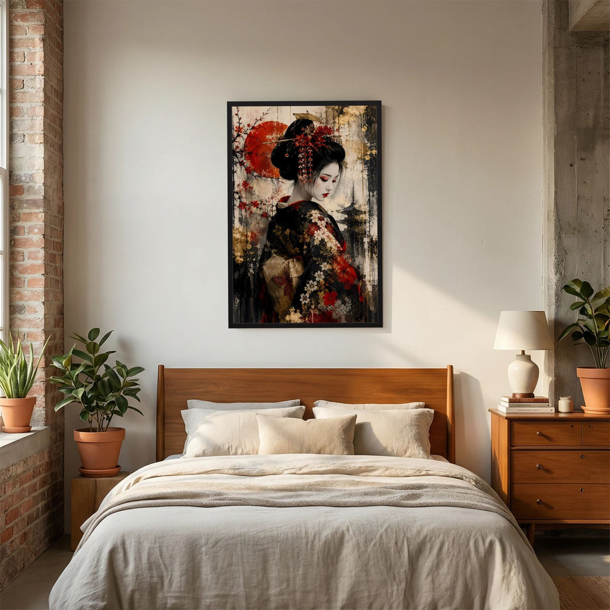 Wandposter mit schwarzem Rahmen: Frau im dunklen Kimono mit Kirschblüten und rotem Kreis.