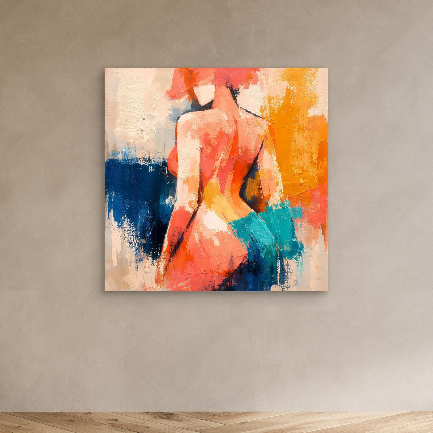 Small abstract canvas wall art of a nude woman from behind with orange, teal, and blue paint