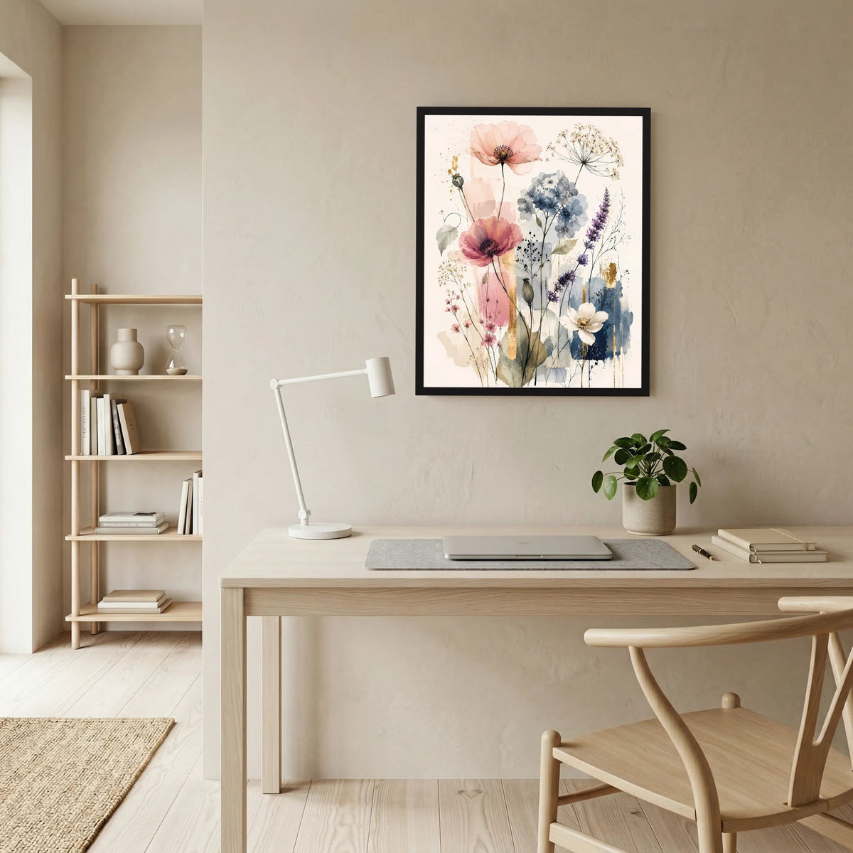 Hochformatiges Kunstposter mit Wildblumen in Pastellrosa und Hellblau, schwarzer Rahmen