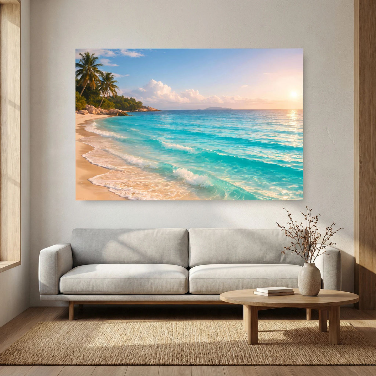 Wandbild mit tropischem Strand, türkisfarbenen Wellen und warmem Sonnenuntergangslicht