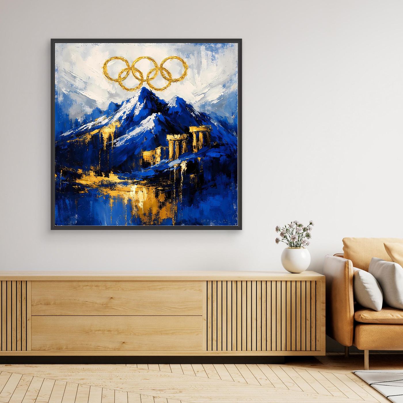 Leinwand Olympischer Geist am Mount Olympus | Abstraktes Berge Wandbild Gold Blau