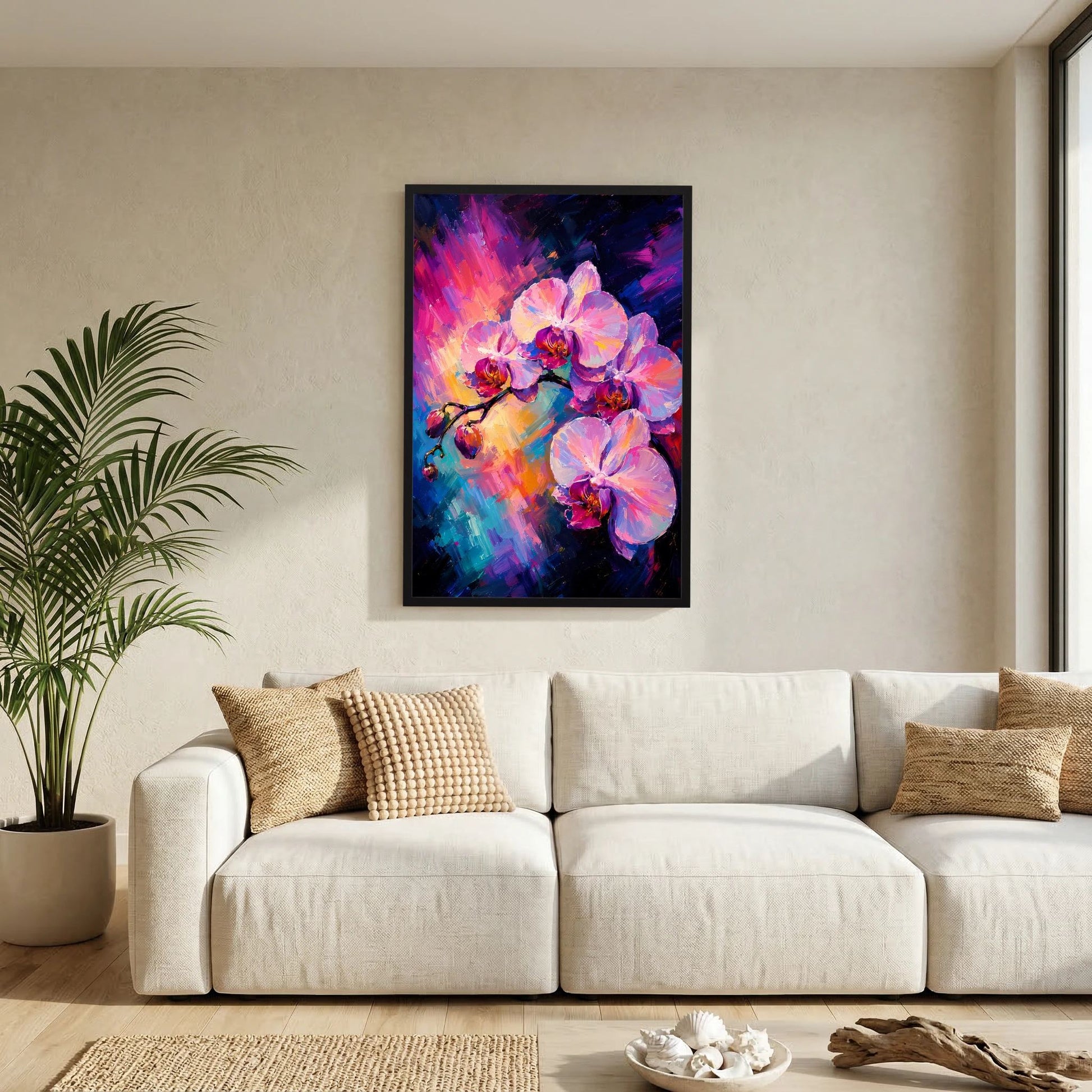 Kunstposter im Hochformat mit abstrakten Orchideenblüten in Pink und Blau, schwarzer Rahmen
