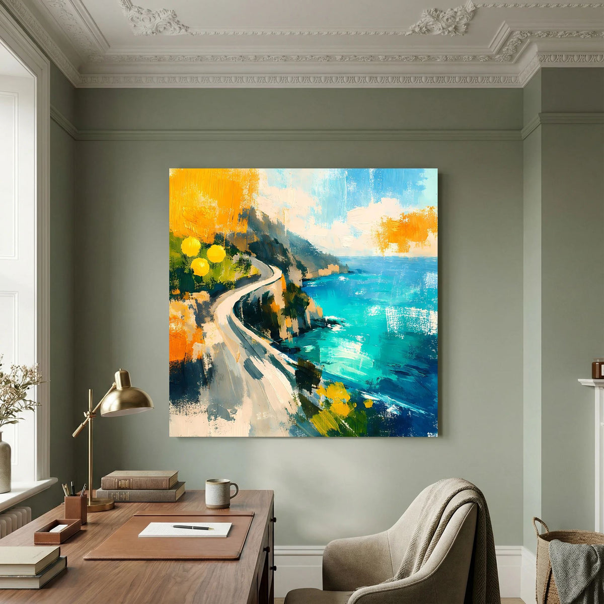 Abstraktes Leinwand-Wandbild mit Küstenstraße, türkisfarbenem Wasser und gelben Blüten