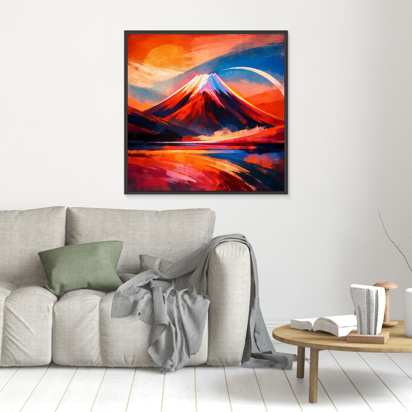 Gerahmtes Wandbild mit abstraktem Berg und Sonnenuntergang, kräftige Rot- und Blautöne