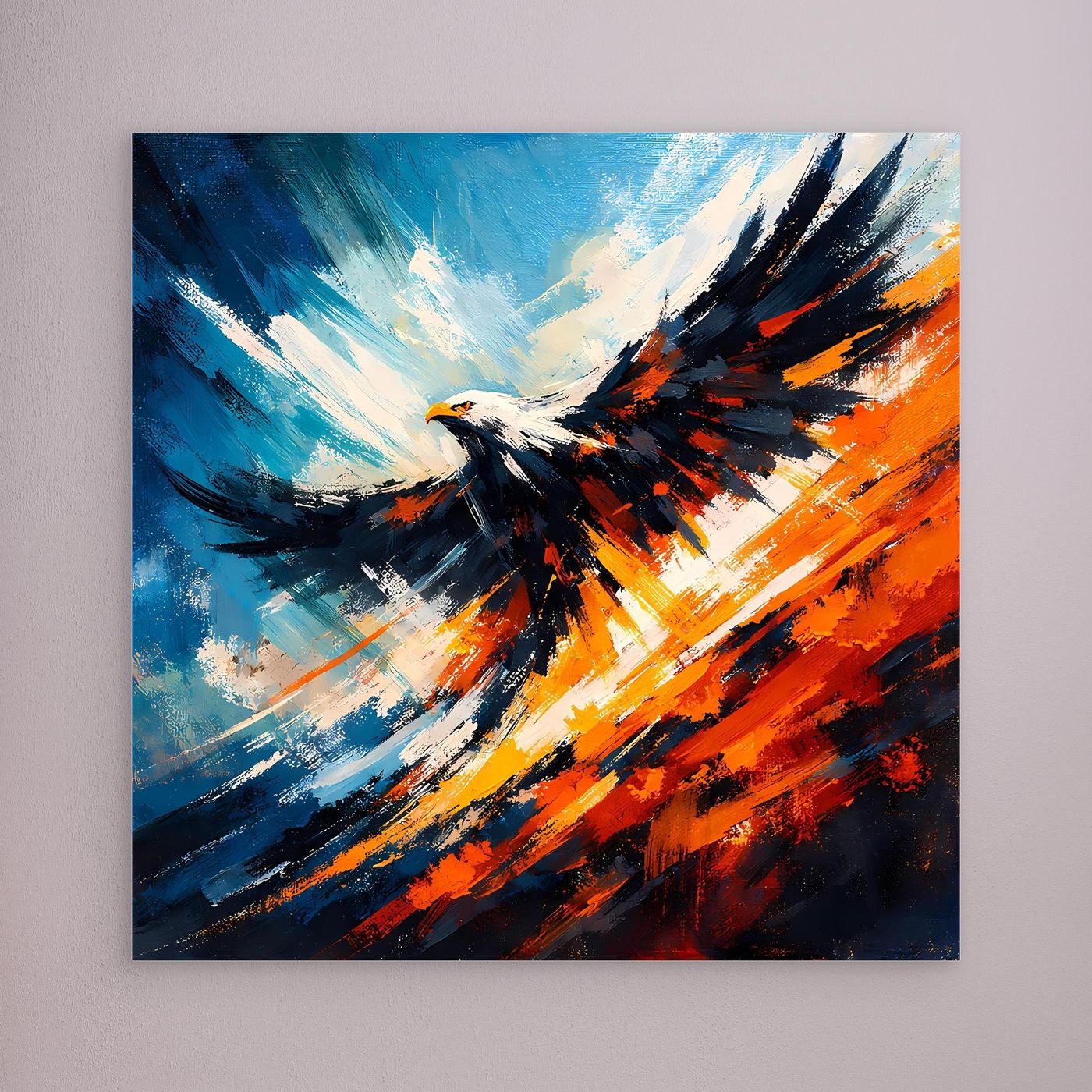 Wandbild mit abstraktem Adler in Blau, Orange und Schwarz, ohne sichtbaren Rahmen