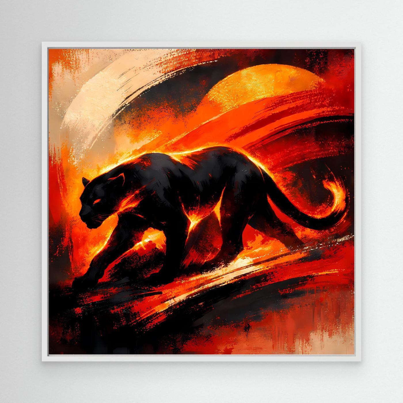 Leinwandbild mit schwarzem Panther in abstraktem Feuerrot im weißen Rahmen