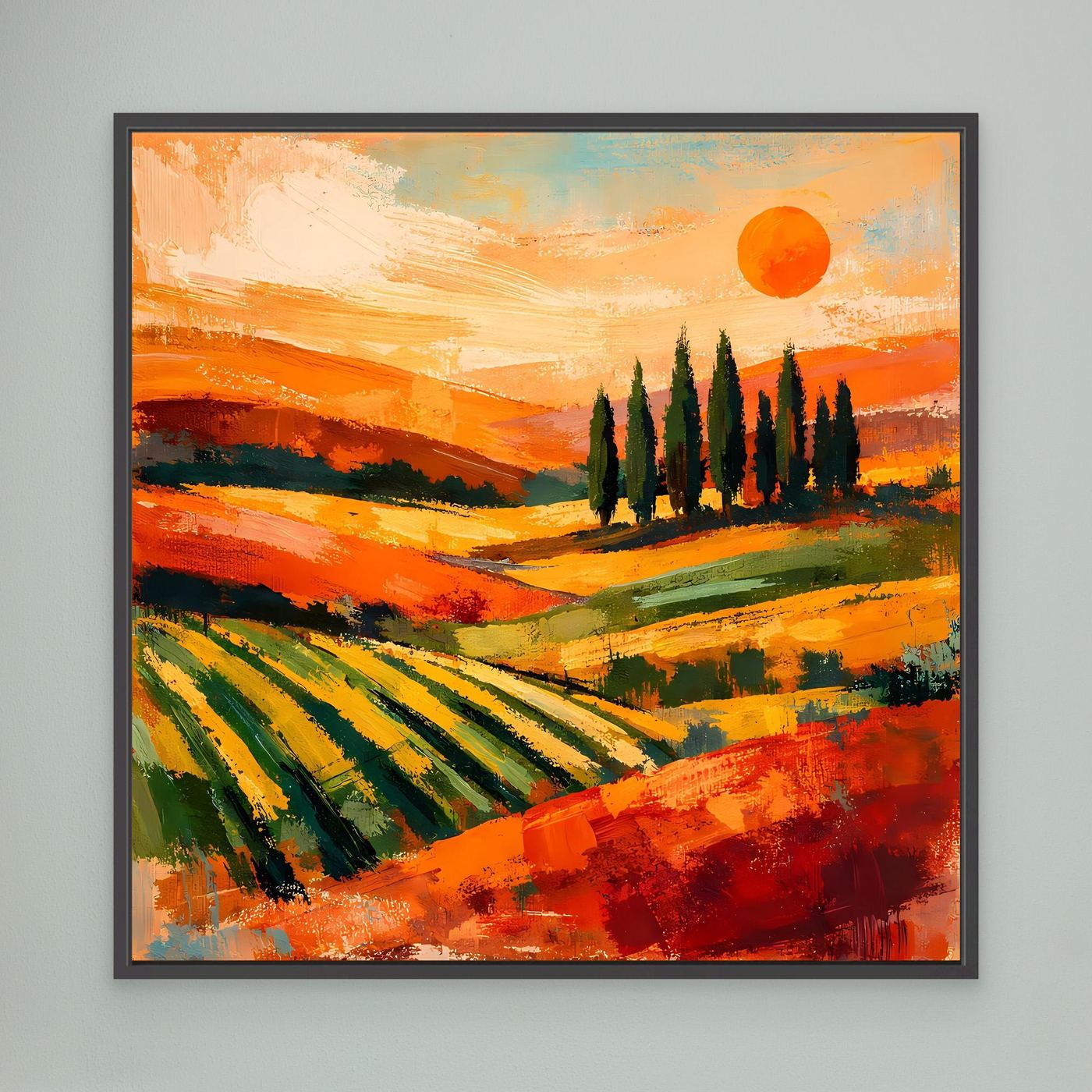 Leinwand-Wandbild Toskanische Hügellandschaft, orange Sonne und Zypressen, schwarz gerahmt