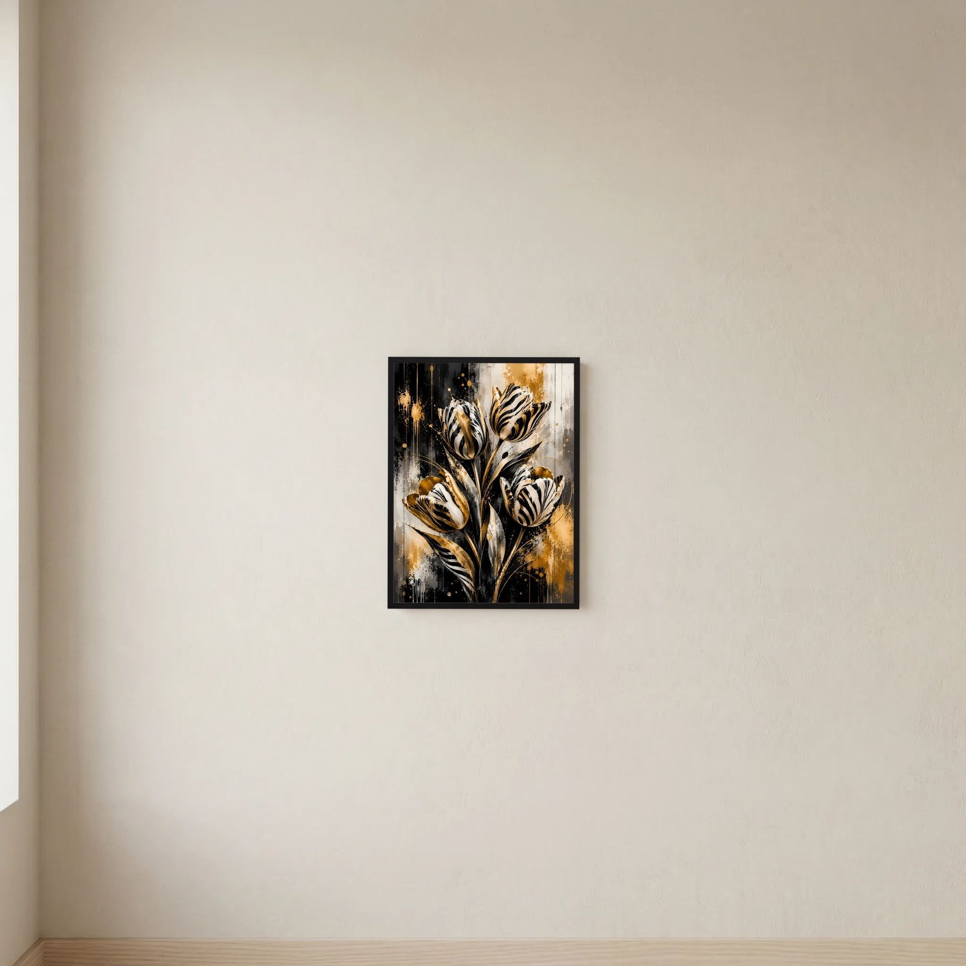 Abstraktes Tulpenposter im schwarzen Rahmen, Schwarz-Weiß-Gold, Hochformat