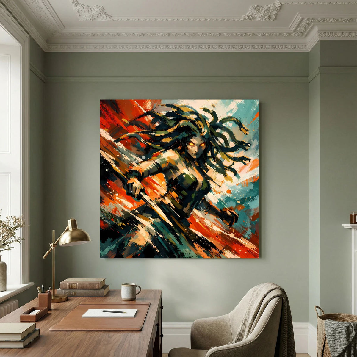 Leinwandbild mit Medusa in Action, schwarze und orangefarbene Pinselstriche