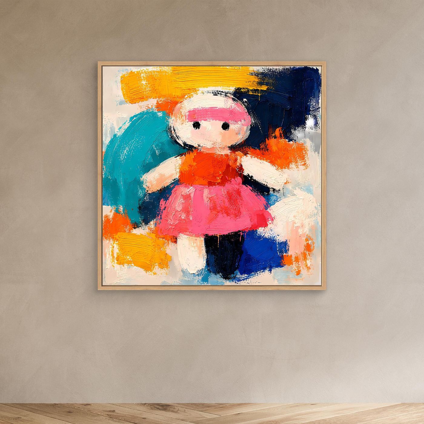 Abstract doll wall canvas with colorful strokes, light oak frame, mounted