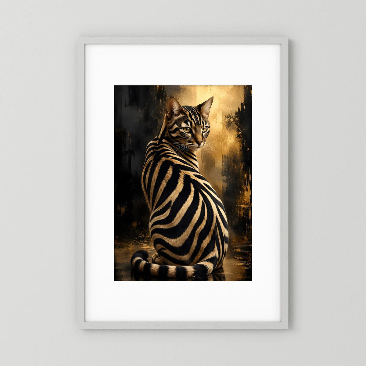 Gerahmtes Poster mit sitzender Katze im Zebra-Look, schwarz-goldenes Muster, hochformat