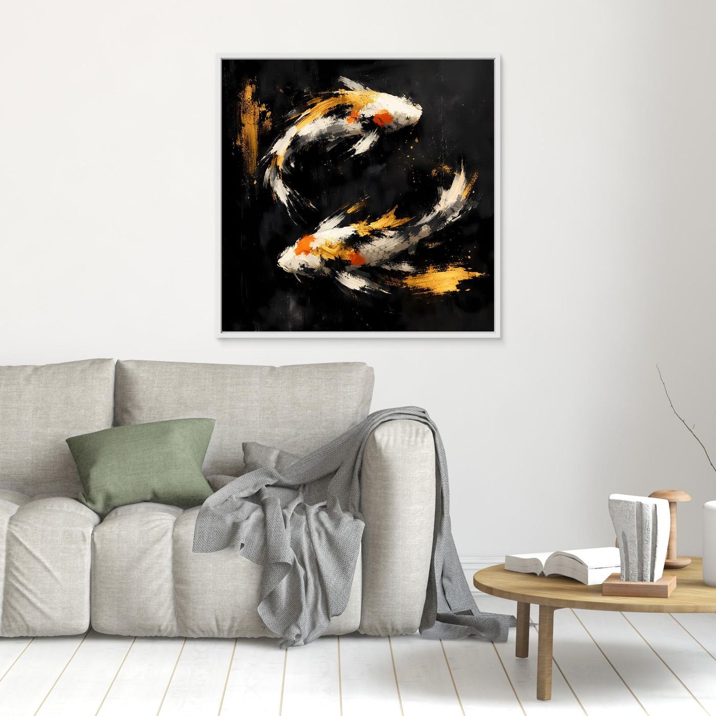 Leinwand Abstrakte Koi-Fische in Gold und Orange | Modernes Yin Yang Wandbild